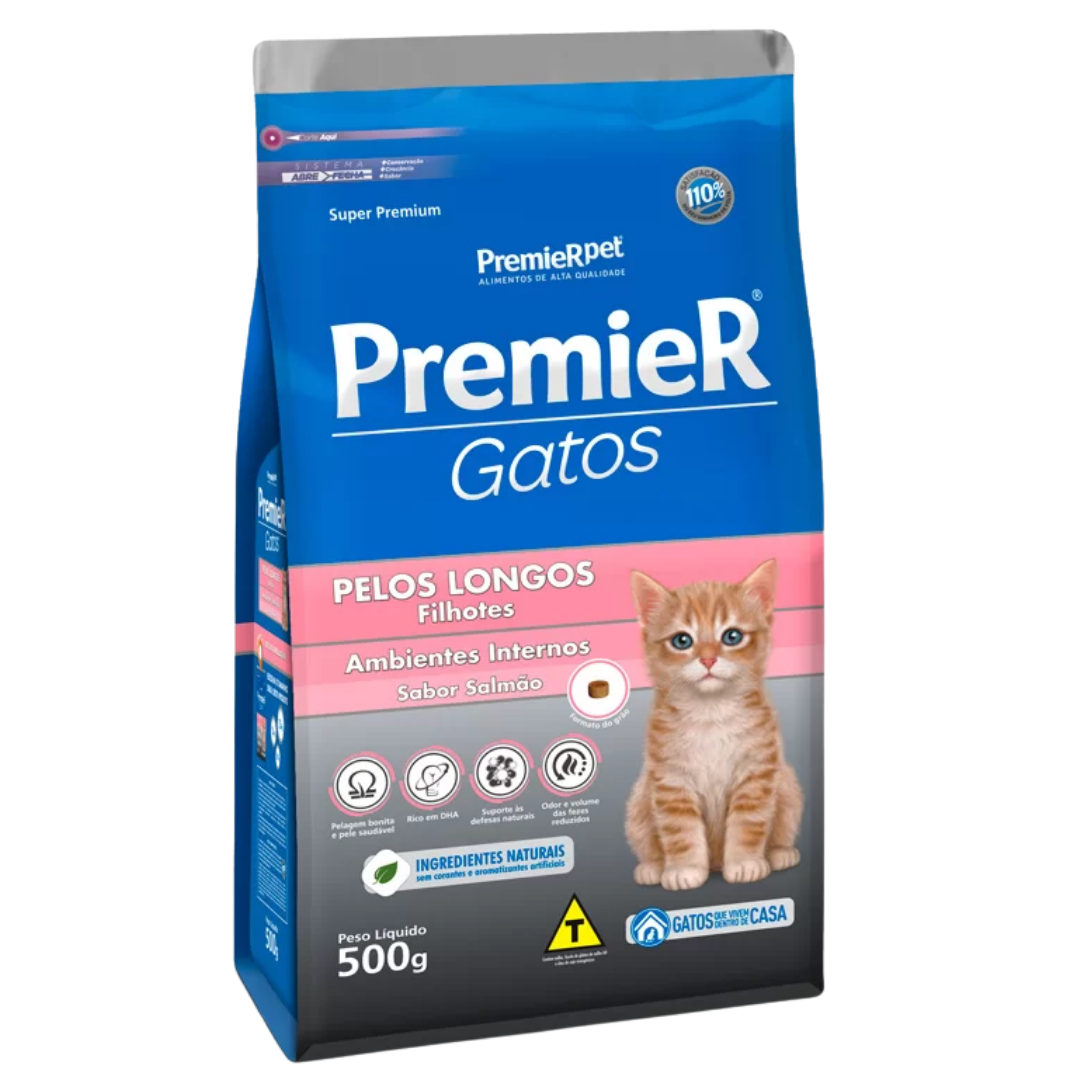 Premier Gatos Ambientes Internos Pelos Longos Filhotes Sabor Salmão - 500g