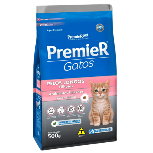 Premier Gatos Ambientes Internos Pelos Longos Filhotes Sabor Salmão - 500g
