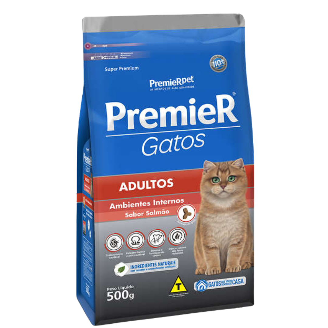 Premier Gatos Ambientes Internos Adultos Sabor Salmão - 500g